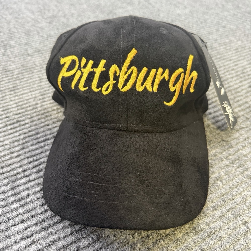 New Pittsburgh Spellout Stitched Black Suede Hat Adjustable Clasp City Hunter - Picture 2 of 6
